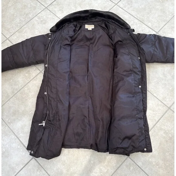 Michael Kors 2X Brown Quilted Feather Puffer Coat Jacket Faux Fur Collar & Hood